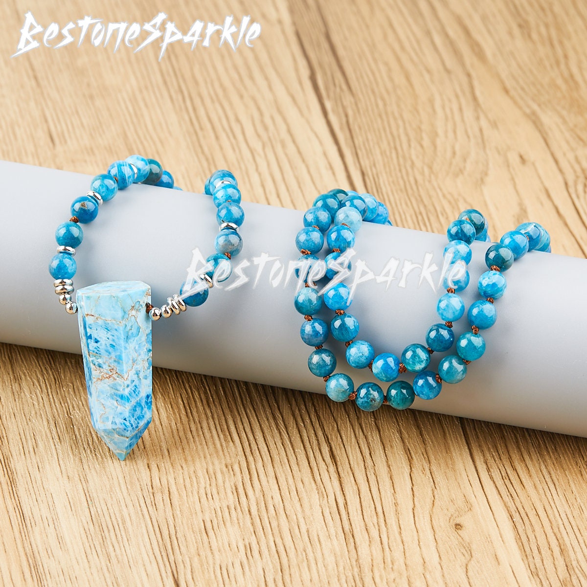Genuine Blue Apatite Hand Knotted Necklace, 8mm Smooth Round Beads Crystal Point Necklaces, Handcrafted Raw Gemstone Silver Charms Gifts