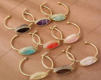 Chunky Raw Stone Bracelet: Gold Wire Wrapped Crystal Cuff Bangle, Adjustable Gemstone Bracelet, Boho Healing Jewelry Gift for Her
