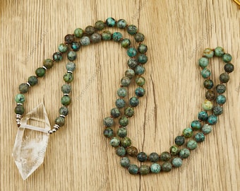 African Turquoise 108 Mala Beads Necklaces, 32 Inches AAA Clear Quartz Gemstone Point Knotted Pendant, Handmade Healing Crystal Gifts