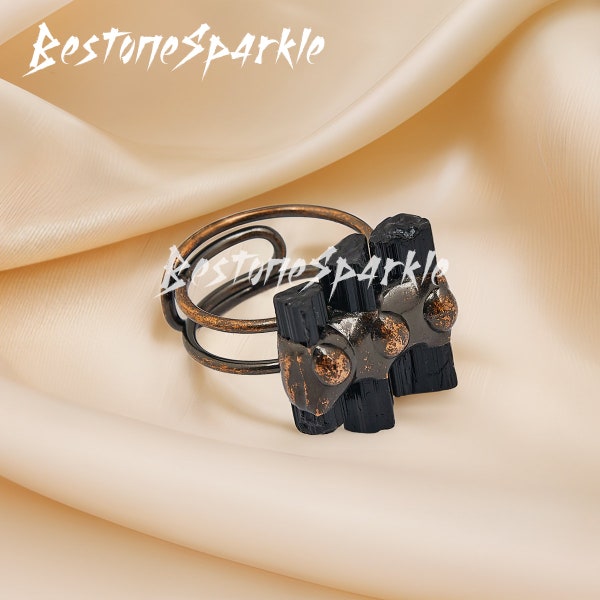 Quality Black Tourmaline Ring, Irregular Square Copper Ring, Adjustable Natural Gemstone Rings, Minimalist Delicate Healing Reiki Jewelry