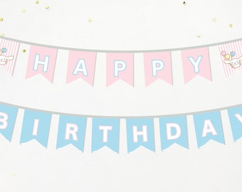 Bannière de joyeux anniversaire imprimable pastel cannelle - décoration de fête - prête pour l'impression, TÉLÉCHARGEMENT IMMÉDIAT - lapin mignon - KAWAI - fête de filles