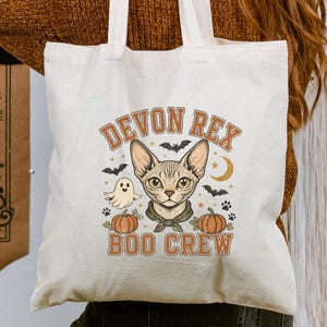 Devon Rex Boo Crew Tote Bag, Halloween Cat Tote Bag, Cat Mom Canvas Bag, Spooky Season Tote, Fall Market Bag, Kitten Lover Gift