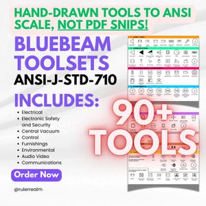 May include: A red and white graphic with the text "BLUEBEAM TOOLSETS ANSI-J-STD-710" and "INCLUDES: 90+ TOOLS". The graphic lists the tools included in the set, such as electrical, electronic safety and security, central vacuum, control, furnishings, environmental, audio video, and communications.