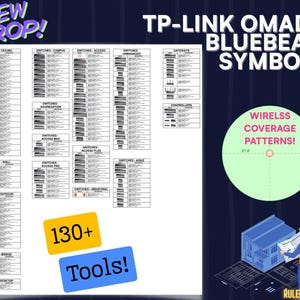 May include: A graphic with the text "NEW DROP!" and "TP-LINK OMADA BLUEBEAM SYMBOLS." It includes diagrams of network devices, a "WIRELESS COVERAGE PATTERNS" graphic, and the text "130+ Tools!"