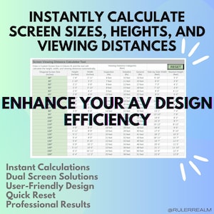 Puede incluir: Un gráfico con fondo verde y texto blanco que te ayuda a calcular los tamaños de pantalla, las alturas y las distancias de visualización. El gráfico incluye una tabla con columnas para el tamaño de pantalla diagonal, la altura, el ancho, la distancia de inspección, la distancia detallada, la distancia general, el ancho lado a lado y la altura apilada. El gráfico también incluye un botón de reinicio.