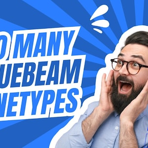 Peut inclure: Un homme barbu portant des lunettes est surpris par le texte "SO MANY BLUEBEAM LINETYPES" et les mots "RULER REALM" en texte bleu et blanc sur un fond rayé bleu et blanc.