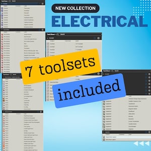 May include: A computer screen displaying a software program with a list of electrical tools and equipment. The program is titled "Tool Chest" and includes seven toolsets. The text "NEW COLLECTION ELECTRICAL" is displayed at the top of the screen.