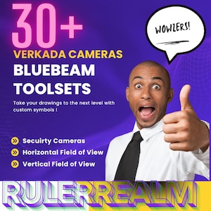 May include: An advertisement with a purple and yellow background. The text reads "30+ VERKADA CAMERAS BLUEBEAM TOOLSETS". A man with a surprised expression gives a thumbs up. A speech bubble says "WOWERS!". The text "Take your drawings to the next level with custom symbols !" is also present.