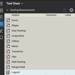 May include: A screenshot of a computer screen showing a list of roofing measurements. The list includes eaves, ridges, step flashing, unspecified, valleys, rakes, transitions, hips, wall flashing, parapet wall, and legend.