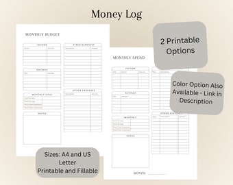Monatliches Budget und Ausgaben Log, Geldbudgetplaner, Haushaltsübersicht, Printable/Ausfüllbar, Minimalistisch, A4/US Letter, Farblos