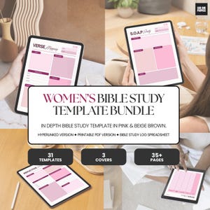May include: A Women's Bible Study Template Bundle in pink and beige. The image shows templates on tablets with the text "Verse Mapping" and "S.O.A.P Study". The bundle includes 31 templates, 3 covers, and over 35 pages.