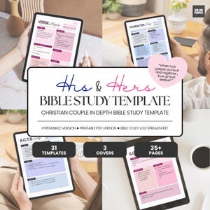 Peut inclure: Un modèle numérique d'étude biblique pour couples, avec un design rose et violet. L'image montre une tablette avec le texte "His & Hers BIBLE STUDY TEMPLATE" et comprend les phrases "31 TEMPLATES", "3 COVERS" et "35+ PAGES".