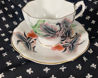 Vintage Tropical Orchid Tea Cup and Saucer, 1940s, collection, decor, gift, Bone China England