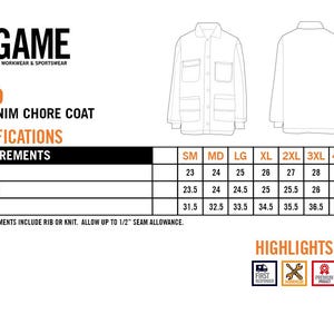 May include: White graphic of a denim chore coat with measurements. The chest measures 23 inches for a small size and 30 inches for a 5XL. Sleeve length ranges from 23.5 to 27 inches. Back length is 31.5 to 37.5 inches.