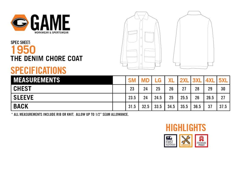 May include: White graphic of a denim chore coat with measurements. The chest measures 23 inches for a small size and 30 inches for a 5XL. Sleeve length ranges from 23.5 to 27 inches. Back length is 31.5 to 37.5 inches.