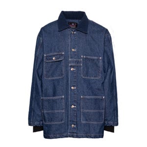 May include: A blue denim jacket with a dark blue corduroy collar. The jacket has four front pockets, silver buttons, and white stitching. The cuffs are black. The jacket is a medium wash denim.