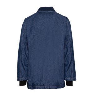 May include: A dark blue denim jacket with a ribbed collar and cuffs. The jacket has a classic design with a button-up front and a slightly padded interior. The cuffs are black.