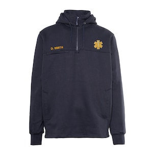 May include: Navy blue hooded sweatshirt with a quarter-zip closure. Features a gold-colored Star of Life emblem and the name "D. SMITH" in gold lettering. The sweatshirt has a front pocket and ribbed cuffs.