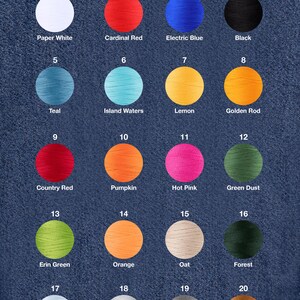 May include: A color chart for embroidery thread options, featuring 20 different colors. The chart includes colors like Paper White, Cardinal Red, Electric Blue, Black, Teal, and Hot Pink. The text "EMBROIDERY COLOR OPTIONS" is at the top.