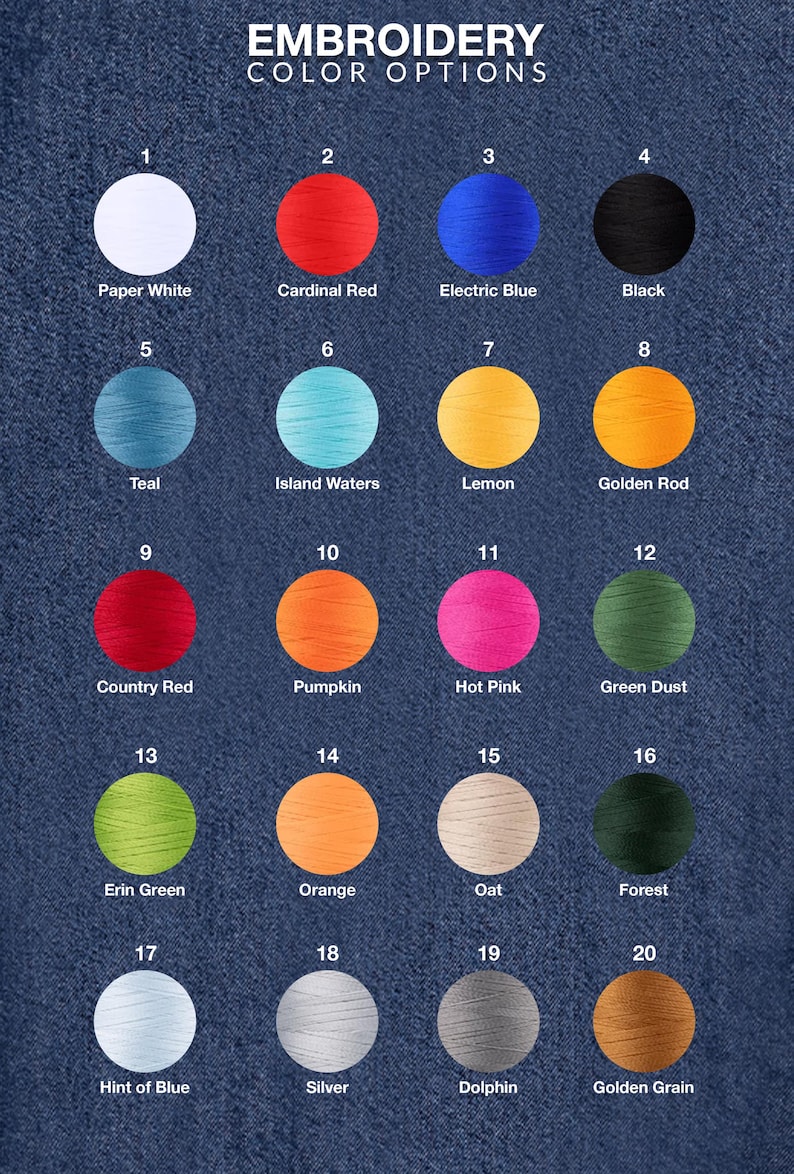 May include: A color chart for embroidery thread options, featuring 20 different colors. The chart includes colors like Paper White, Cardinal Red, Electric Blue, Black, Teal, and Hot Pink. The text "EMBROIDERY COLOR OPTIONS" is at the top.