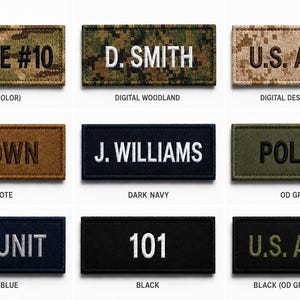 May include: A collection of nine rectangular embroidered name patches in various colors and patterns, including OCP, digital woodland, digital desert camo, coyote, dark navy, OD green, dark blue, and black, featuring text like BADGE #10, D. SMITH, U.S. ARMY, BROWN, J. WILLIAMS, POLICE, K-9 UNIT, and 101.