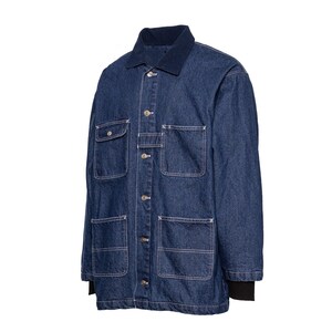 May include: A denim jacket in a medium wash, featuring a dark blue corduroy collar and multiple front pockets. The jacket has a button-up closure and white stitching details. The cuffs are black.