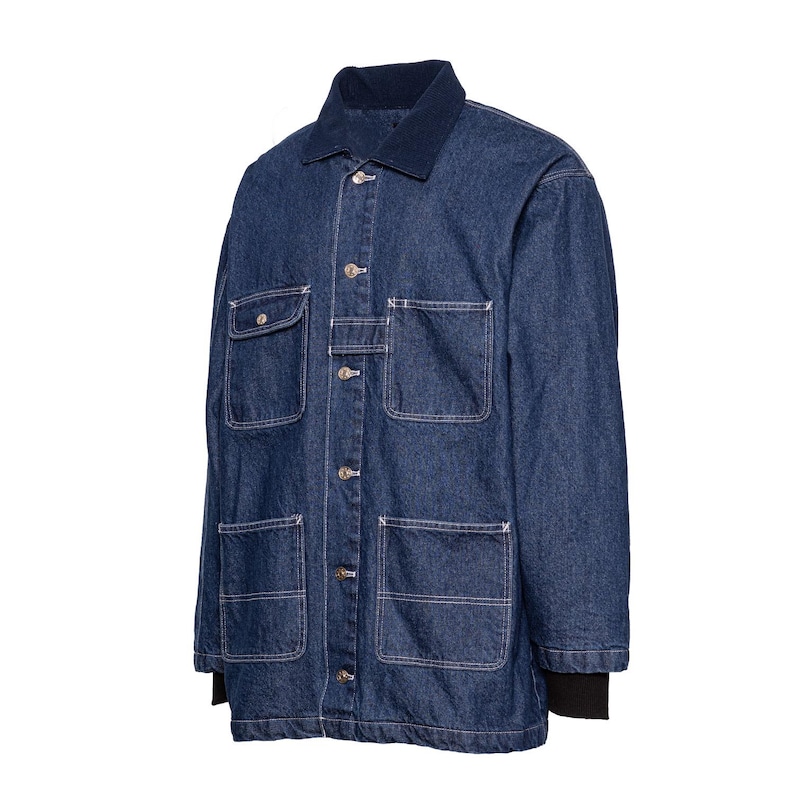 May include: A denim jacket in a medium wash, featuring a dark blue corduroy collar and multiple front pockets. The jacket has a button-up closure and white stitching details. The cuffs are black.
