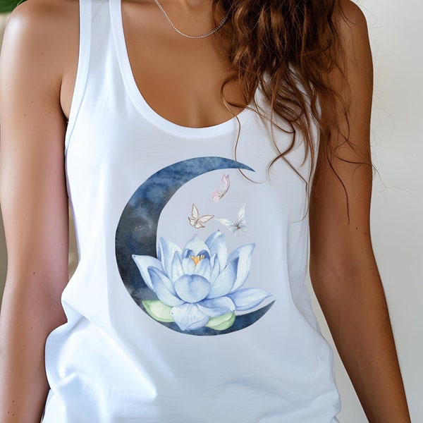 Mystic Moon Lotus Racer Back Tank Top: Celestial Tank Top Adorned With Butterflies. Mental Health & Witchy Gift, Trendy Floral Tank Top