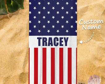 Flag Custom Beach Towels Patriotic Print Beach Towel Personalized Beach Towel Custom Name Beach Towel Gift for Mom, Father, Friend,Spouse,