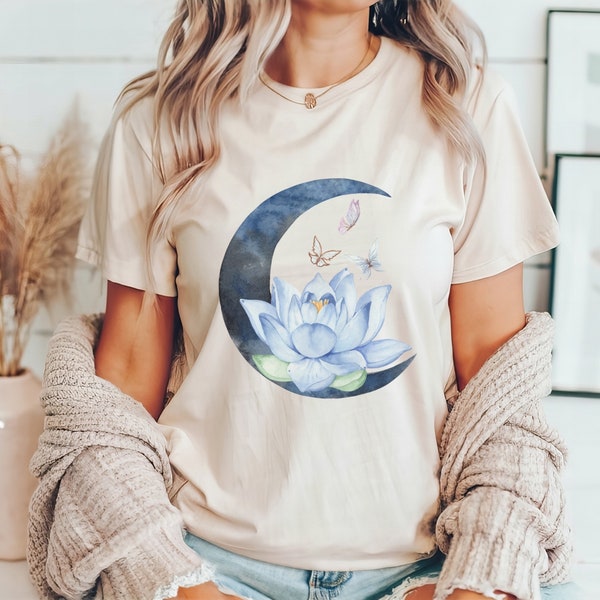 Mystic Moon Lotus T-shirt: Celestial Tee adorned with Butterflies. Mental Health & Witchy Gift, Trendy Floral Shirt