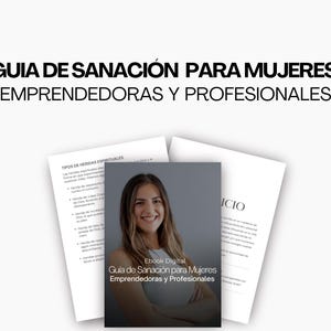 Puede incluir: Una portada de ebook digital con una mujer sonriendo y mirando a la cámara. La portada es blanca con texto negro que dice "Ebook Digital, Guia de Sanacion para Mujeres Emprendedoras y Profesionales".