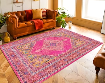 Pink vintage-patterned living room rug, machine-washable rug with a non-slip cotton-woven backing
