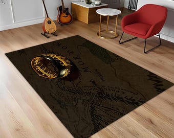 Lord Rings Rug, One Ring Mordor Map Carpet, Golden Elvish Writing Area Rug, Large Movie Room Decor, Middle Earth Map Floor Mat,Cinematic Rug