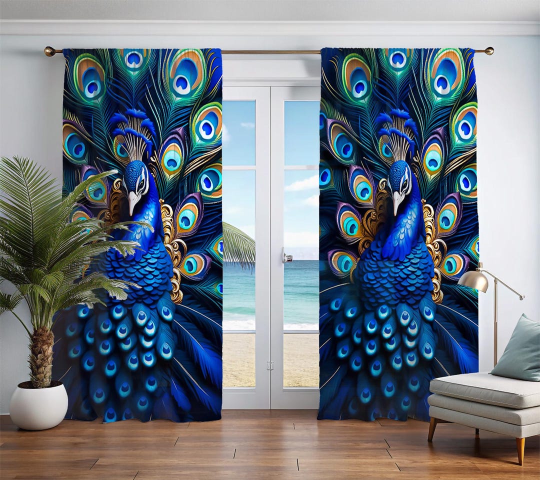 Peacock Themed Window Curtains, Vibrant Blue Livingroom Drapes, Exotic ...