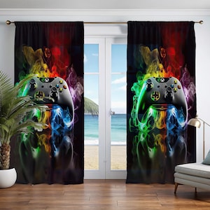 Colorful Controller Window Curtains, Neon Style Gamepad Blackout Drapes, Gamer Room Vibrant Art Decor, Custom Size Panels Gaming Curtains
