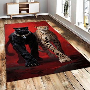 Black Panther Leopard Area Rug, Wild Cat Animal Portrait Floor Mat