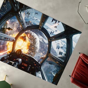 Star Wars Cockpit Rug, Millenium Falcon Cockpit Battle Scene Carpet, Space Warfare Area Rug, Movie Room Decor, Sci Fi Pilot View Floor Mat,