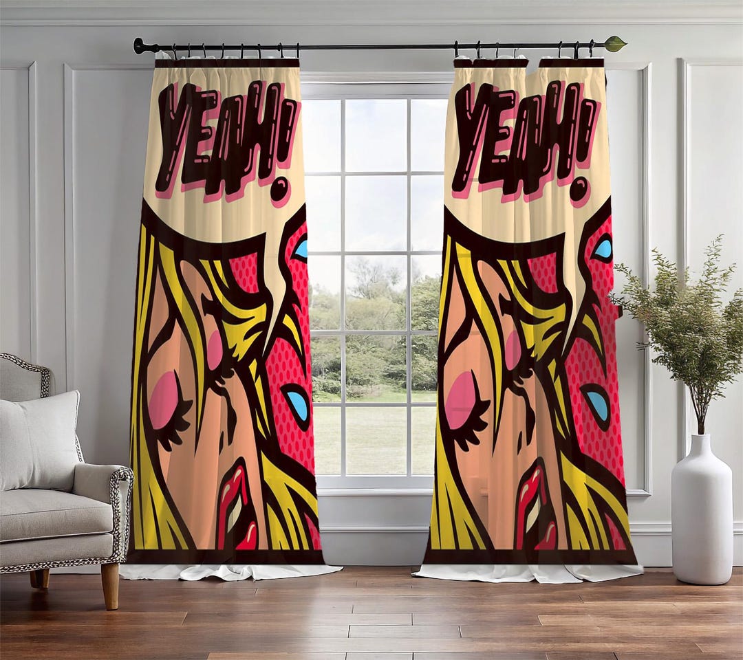 Comic Book Style Living Room, Studio Curtains. Retro Pop Culture Girl ...