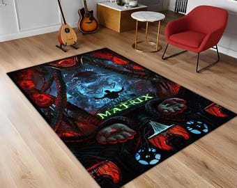 Red Blue Pill Choice Rug, Cyberpunk Machine World Carpet, Digital Reality Area Rug, Sci Fi Movie Decor, Virtual World Floor Mat, Tech Rug