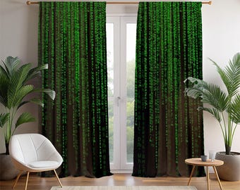 Groene coderegengordijnen, cyberpunk-gamerkamerdecoratie
