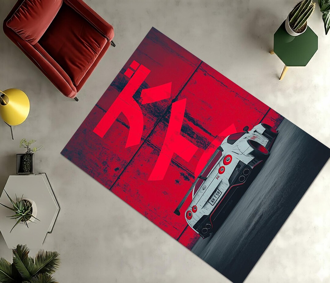 Japanese Sports Car Area Rug, JDM Drift Style Floor Mat, Red and Grey ...