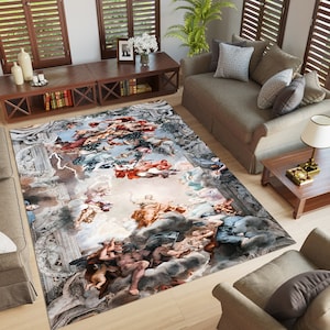 Może przedstawiać: Prostokątny dywan z kolorowym obrazem przedstawiającym scenę z fresku z epoki renesansu. Obraz przedstawia grupę postaci w chmurach, z dużą, muskularną postacią na pierwszym planie. Dywan ma jasnoszary kolor i jest wykonany z miękkiego, trwałego materiału.