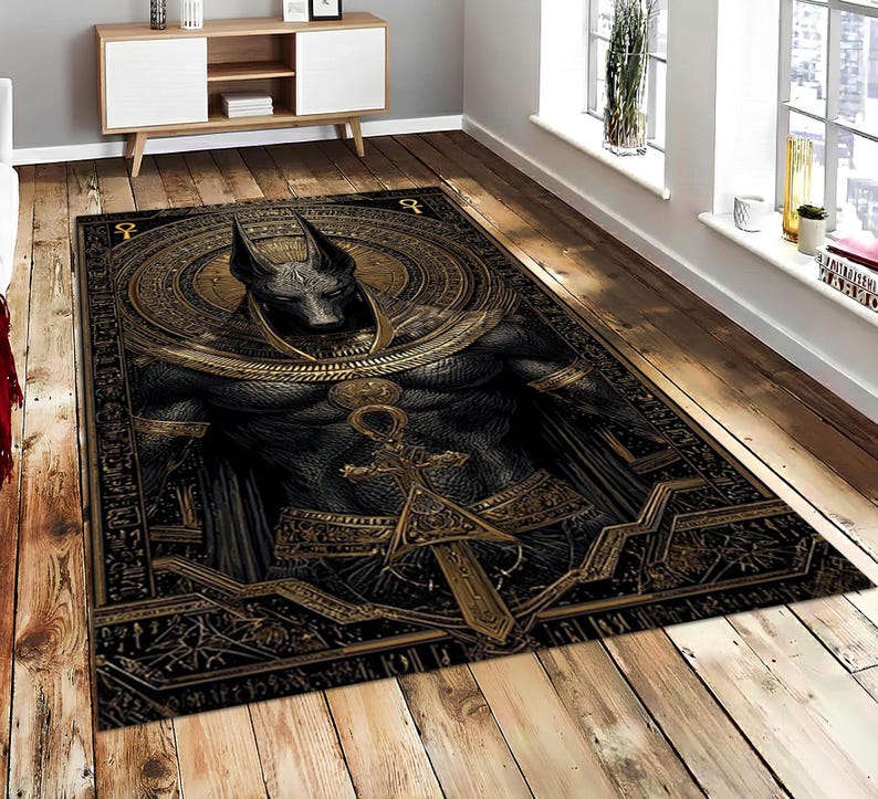 Ancient Egypt Anubis Living Room Rug, Lounge Carpet. Golden Pharaoh God ...