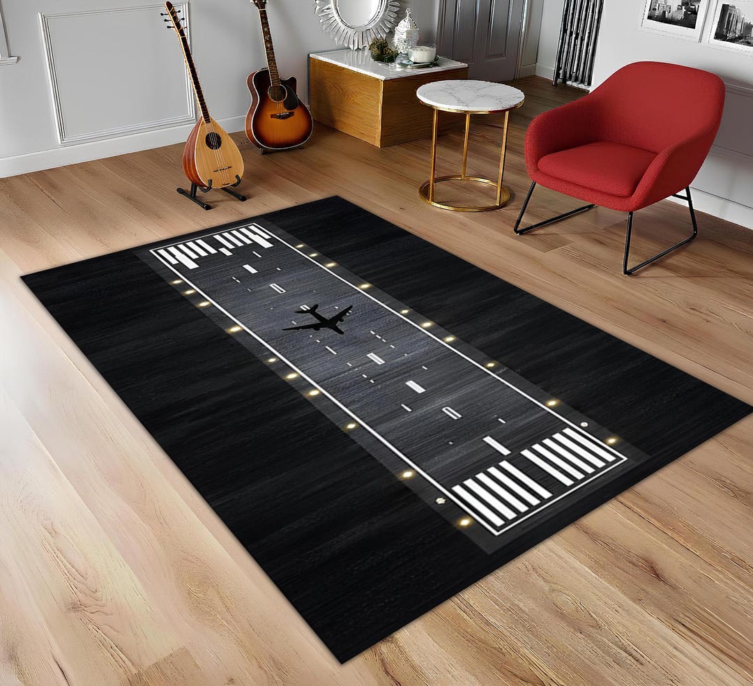 Airplane Runway Area Rug, Aviation Pilot Style Floor Mat, Black Airport ...
