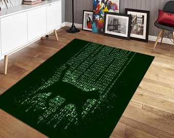 Digital Code Gamer Room Area Rug, Green Rain Matrix Style Carpet, Cyberpunk Home Office Floor Mat, Cybernetic Bedroom Decor, Tech Area Rug