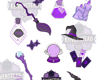 Die Midnight Spell Kollektion | Witchy digitale und druckbare Aufkleber | Lila Sticker | PNG & PDF Download