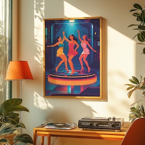 Arte mural de baile futurista retro - Póster de chicas disco de neón - Ilustración de fiesta de los 80 - Descarga digital colorida (A3, A4, A5, 50 x 70)