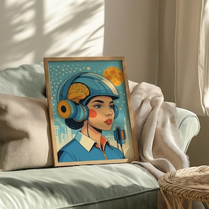 Arte mural de mujer futurista: retrato de casco con cerebro de IA. Póster digital retro. Descarga imprimible a 300 DPI.