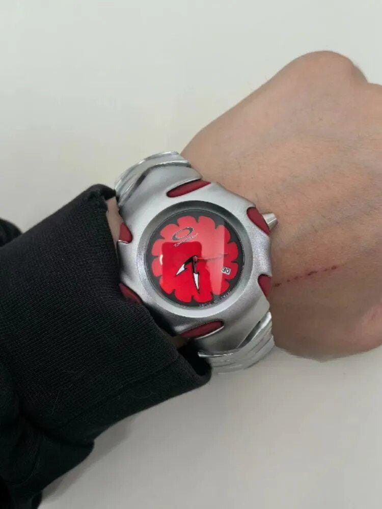 Stylish Oakley Watch: Glossy Silver Case With Red Dial