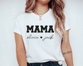 Mom Shirt,Custom Mama neck shirt with kids name on sleeve,Gift for Mothers Day,Personalized Mom Shirt,Mama custom shirt,Mothers day shirt